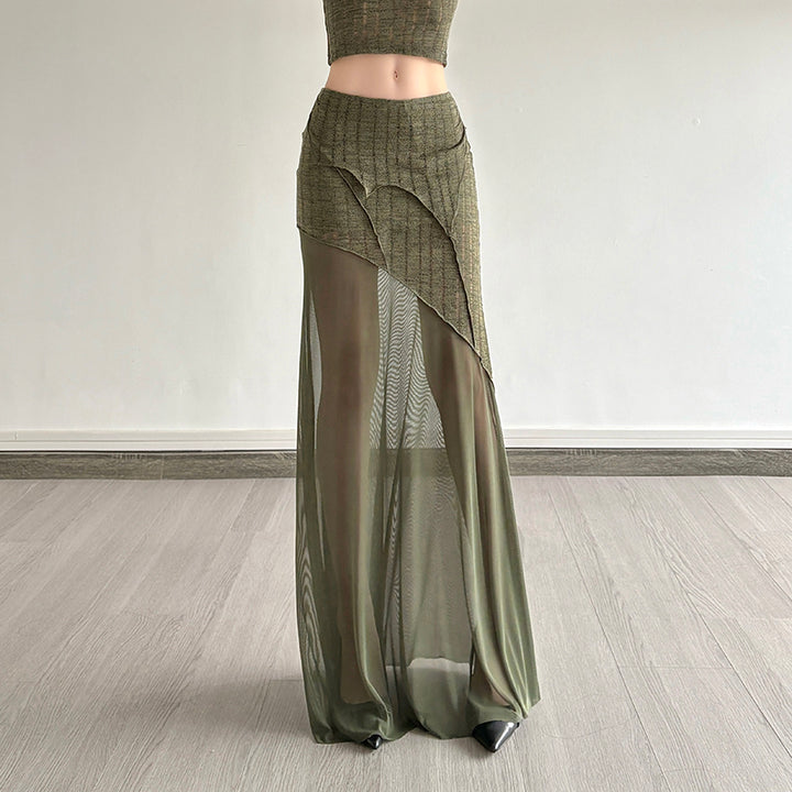 Asymmetric Sheer Layered Maxi Skirt in Olive Mesh - Vedlit