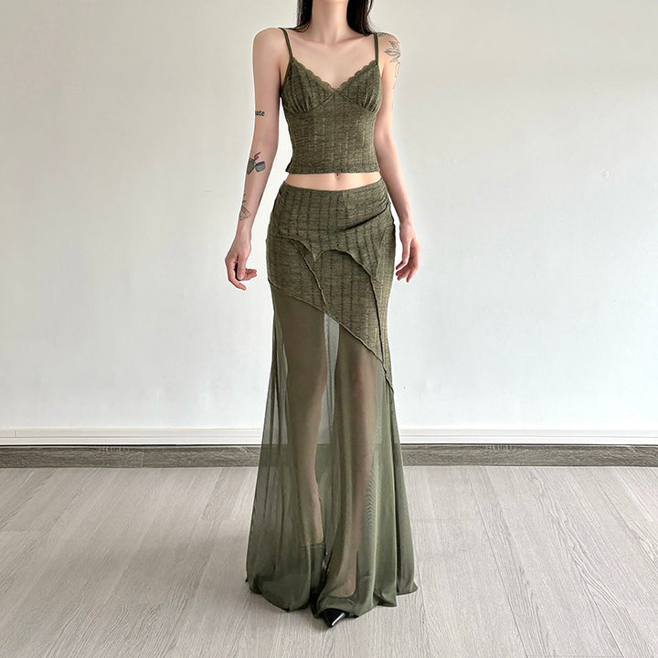Asymmetric Sheer Layered Maxi Skirt in Olive Mesh - Vedlit