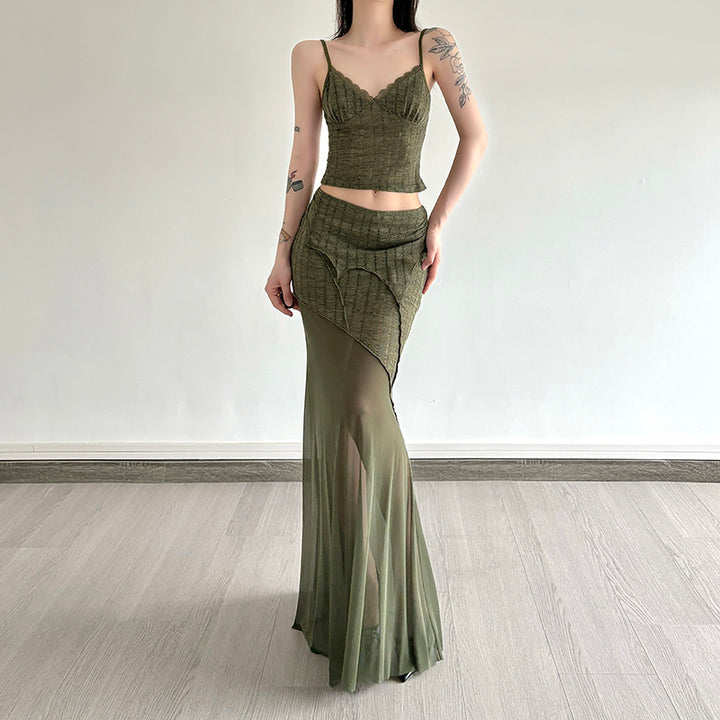 Asymmetric Sheer Layered Maxi Skirt in Olive Mesh - Vedlit