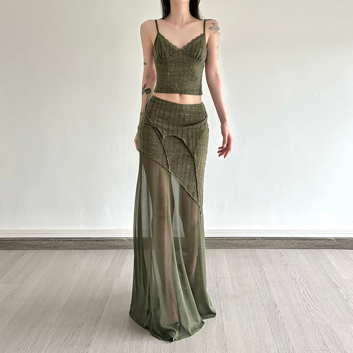 Asymmetric Sheer Layered Maxi Skirt in Olive Mesh - Vedlit