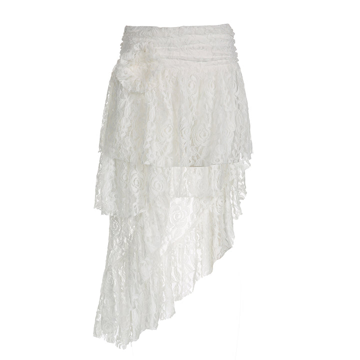 Asymmetric White Lace Layered Midi Skirt with Floral Detail - Vedlit