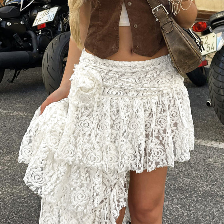 Asymmetric White Lace Layered Midi Skirt with Floral Detail - Vedlit