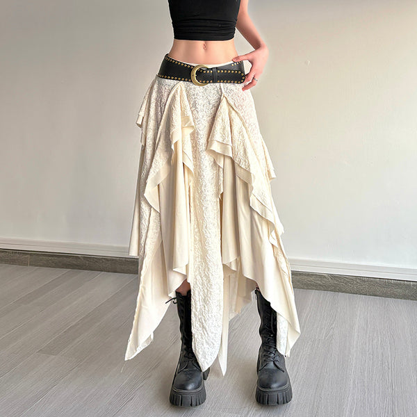 Asymmetrical Boho Maxi Skirt with Draped Layers in Ivory - Vedlit