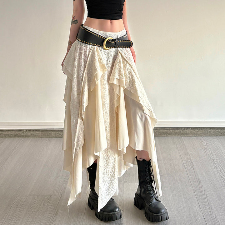 Asymmetrical Boho Maxi Skirt with Draped Layers in Ivory - Vedlit