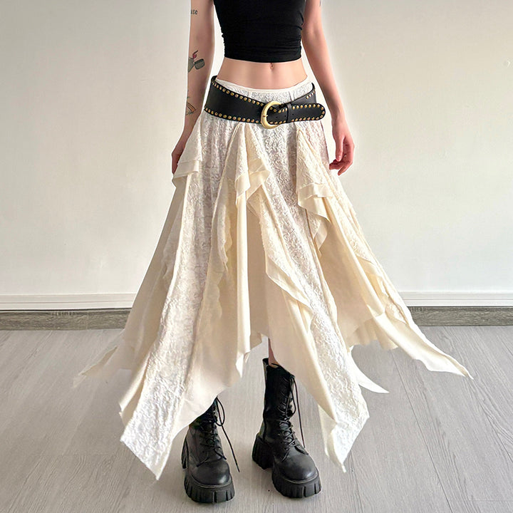 Asymmetrical Boho Maxi Skirt with Draped Layers in Ivory - Vedlit