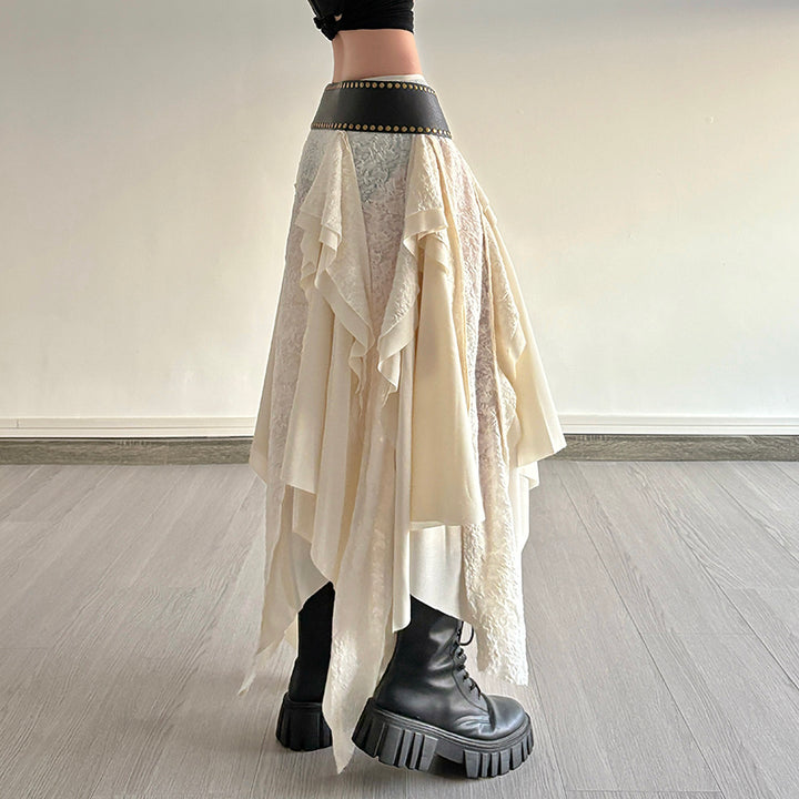 Asymmetrical Boho Maxi Skirt with Draped Layers in Ivory - Vedlit