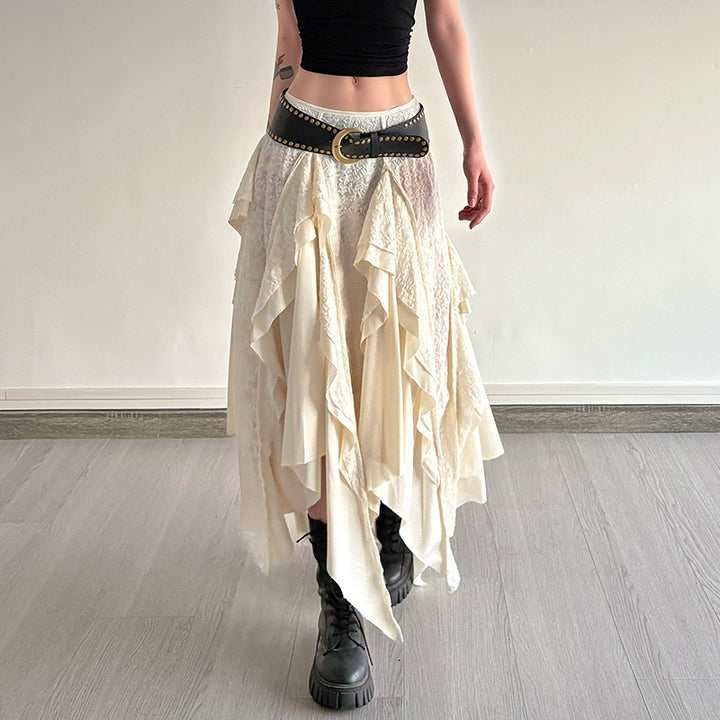 Asymmetrical Boho Maxi Skirt with Draped Layers in Ivory - Vedlit