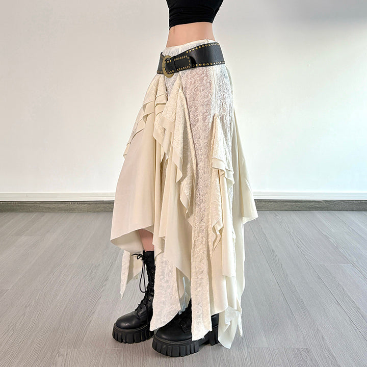 Asymmetrical Boho Maxi Skirt with Draped Layers in Ivory - Vedlit