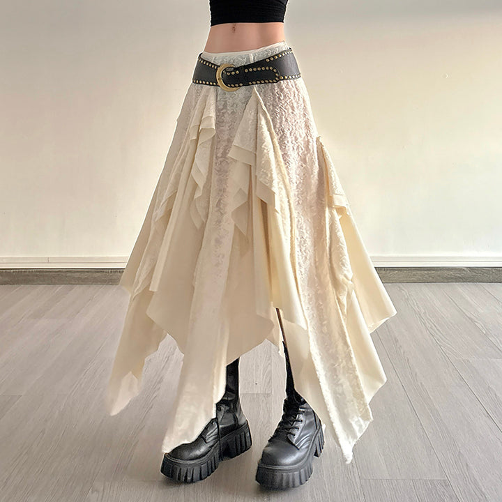 Asymmetrical Boho Maxi Skirt with Draped Layers in Ivory - Vedlit