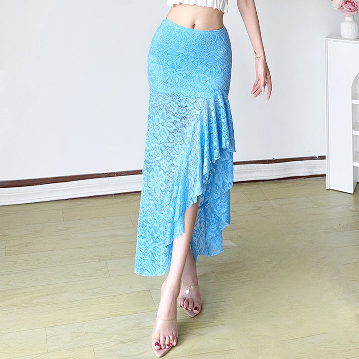 Asymmetrical Floral Lace High Slit Maxi Skirt - Blue - Vedlit