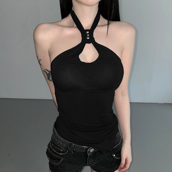 Asymmetrical Halter Cutout Tank Top with Stud Detail - Vedlit