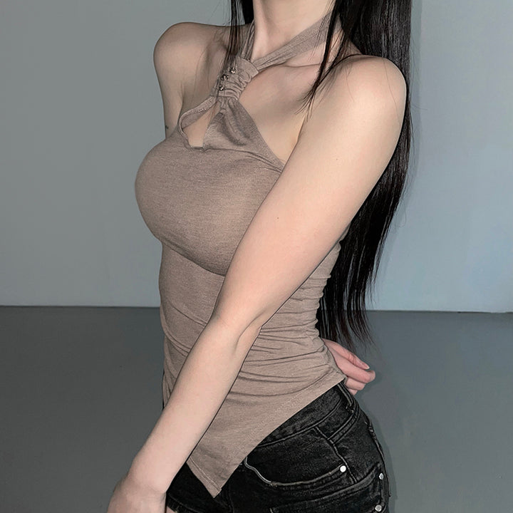Asymmetrical Halter Cutout Tank Top with Stud Detail - Vedlit