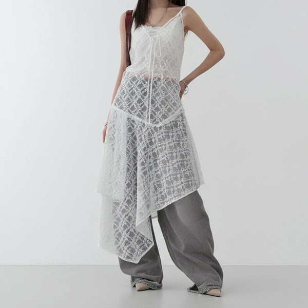 Asymmetrical Lace Mesh Spaghetti Strap Dress Overlay - Vedlit
