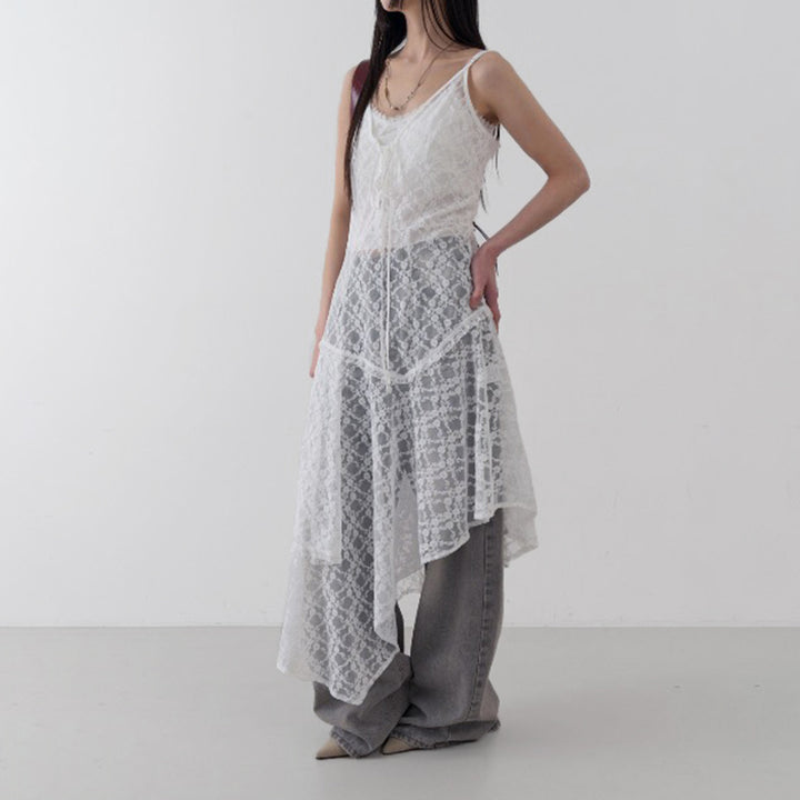 Asymmetrical Lace Mesh Spaghetti Strap Dress Overlay - Vedlit