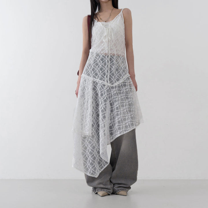 Asymmetrical Lace Mesh Spaghetti Strap Dress Overlay - Vedlit