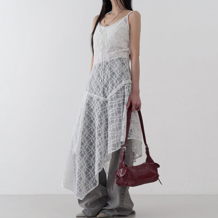 Asymmetrical Lace Mesh Spaghetti Strap Dress Overlay - Vedlit