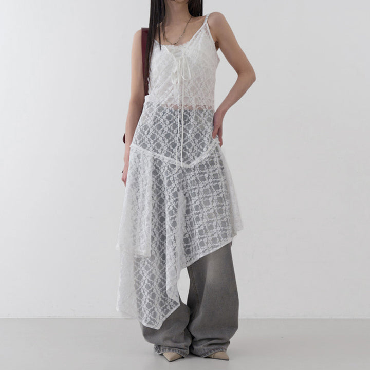 Asymmetrical Lace Mesh Spaghetti Strap Dress Overlay - Vedlit