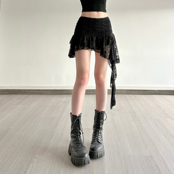 Asymmetrical Lace Ruffle Mini Skirt with Ruched Waist - Vedlit