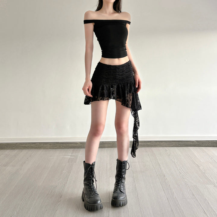 Asymmetrical Lace Ruffle Mini Skirt with Ruched Waist - Vedlit
