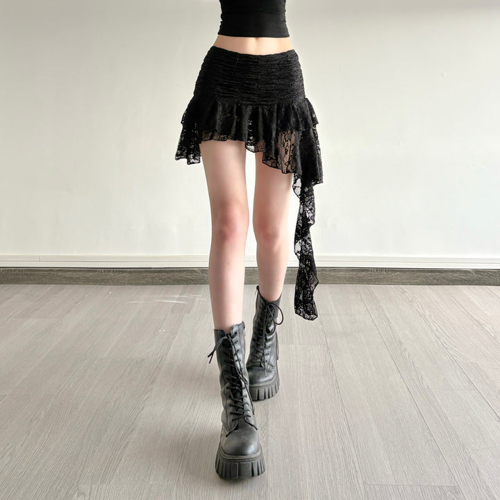 Asymmetrical Lace Ruffle Mini Skirt with Ruched Waist - Vedlit