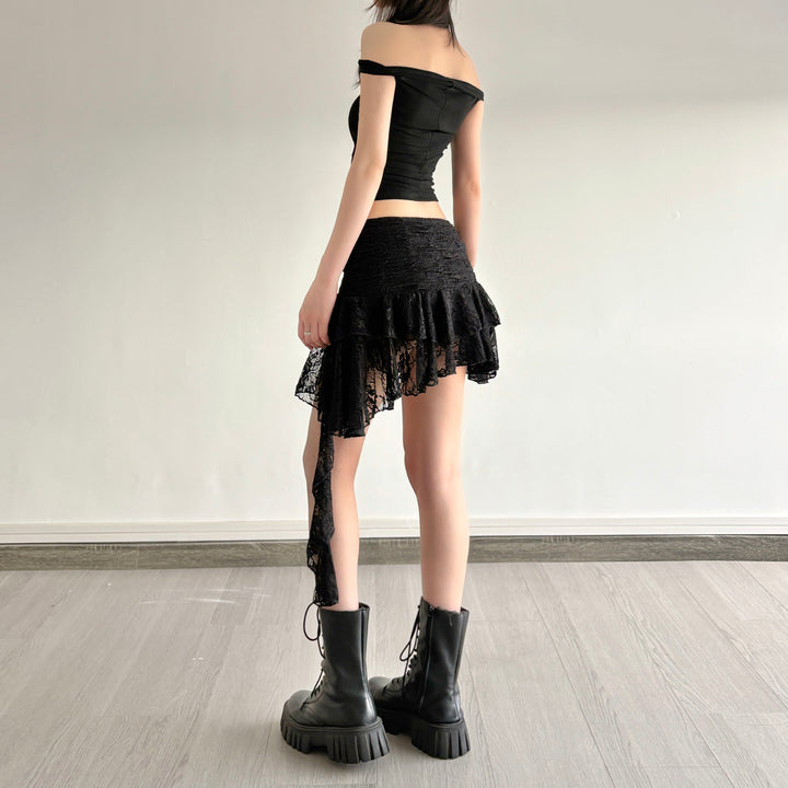 Asymmetrical Lace Ruffle Mini Skirt with Ruched Waist - Vedlit