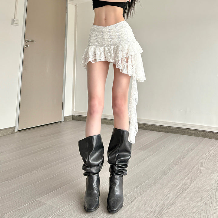 Asymmetrical Lace Ruffle Mini Skirt with Ruched Waist - Vedlit