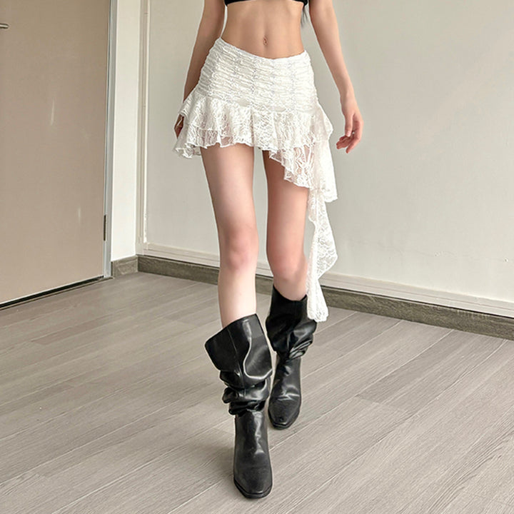 Asymmetrical Lace Ruffle Mini Skirt with Ruched Waist - Vedlit