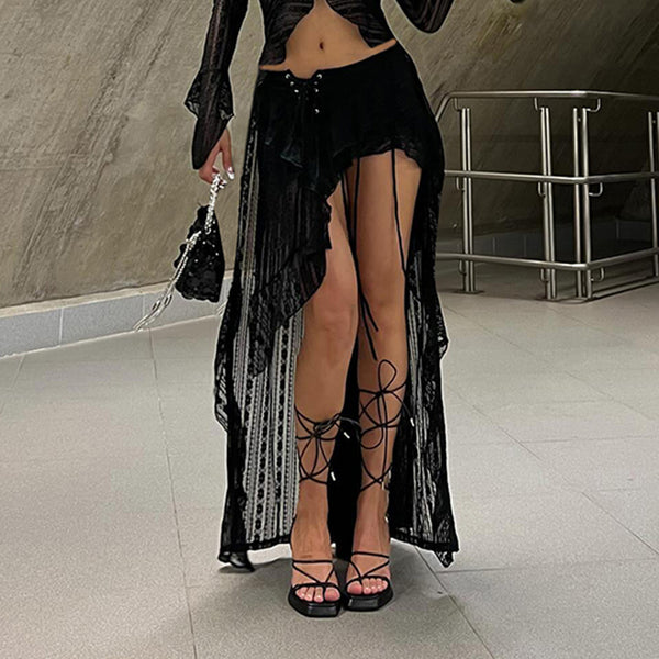 Asymmetrical Lace Sheer Maxi Skirt with High Slit - Vedlit