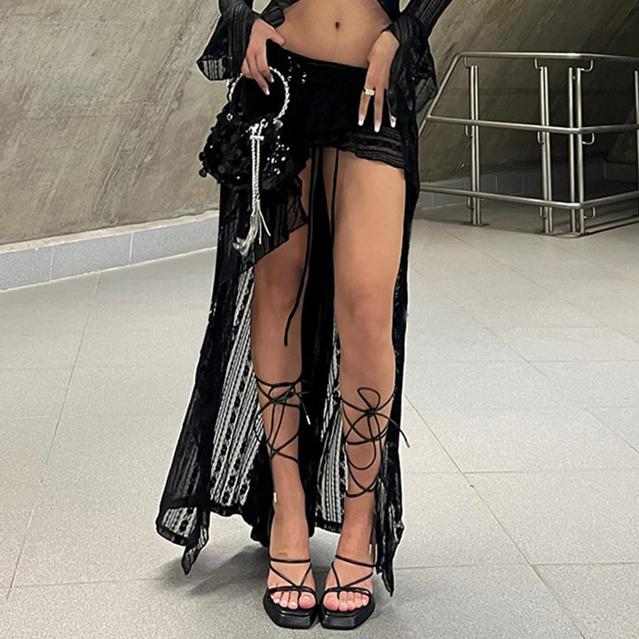 Asymmetrical Lace Sheer Maxi Skirt with High Slit - Vedlit
