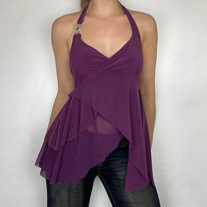 Asymmetrical Layered Halter Top with Rhinestone Detail - Vedlit