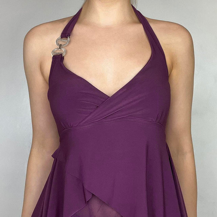 Asymmetrical Layered Halter Top with Rhinestone Detail - Vedlit
