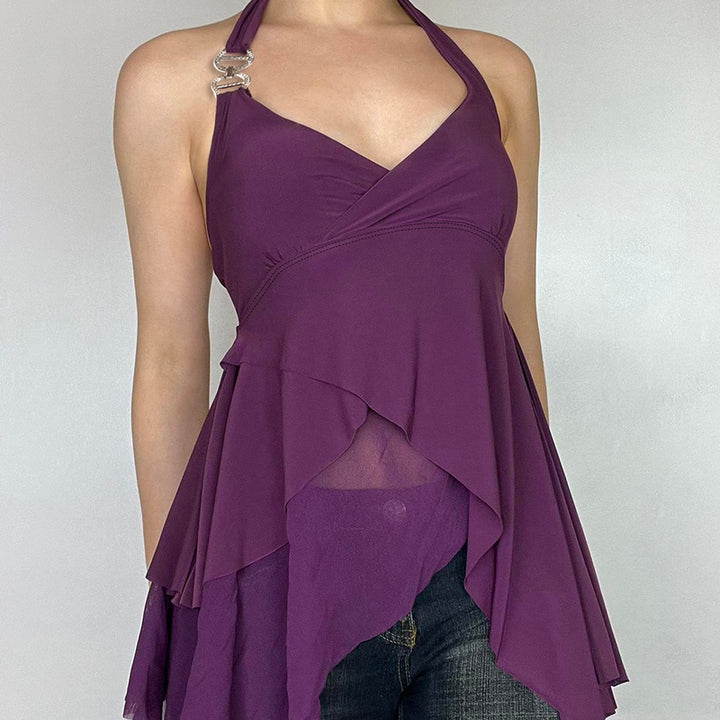 Asymmetrical Layered Halter Top with Rhinestone Detail - Vedlit