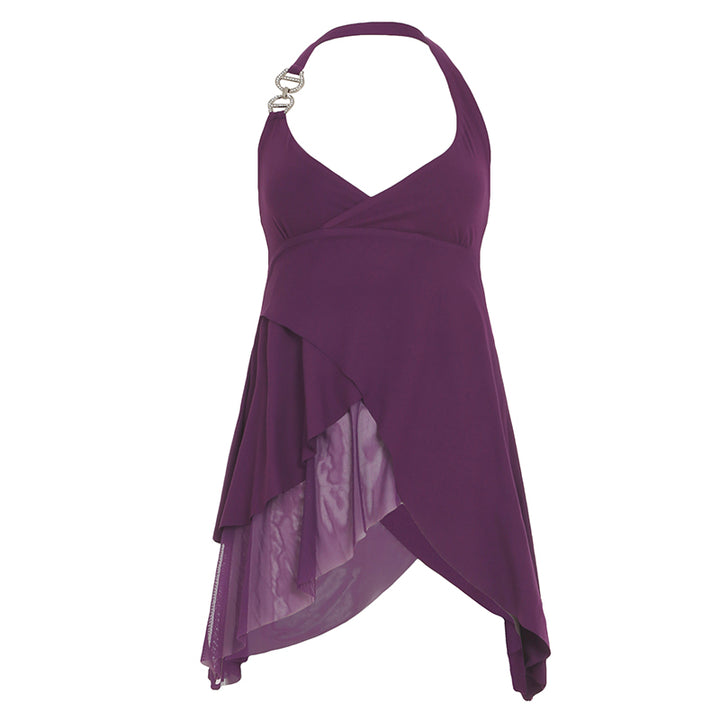 Asymmetrical Layered Halter Top with Rhinestone Detail - Vedlit