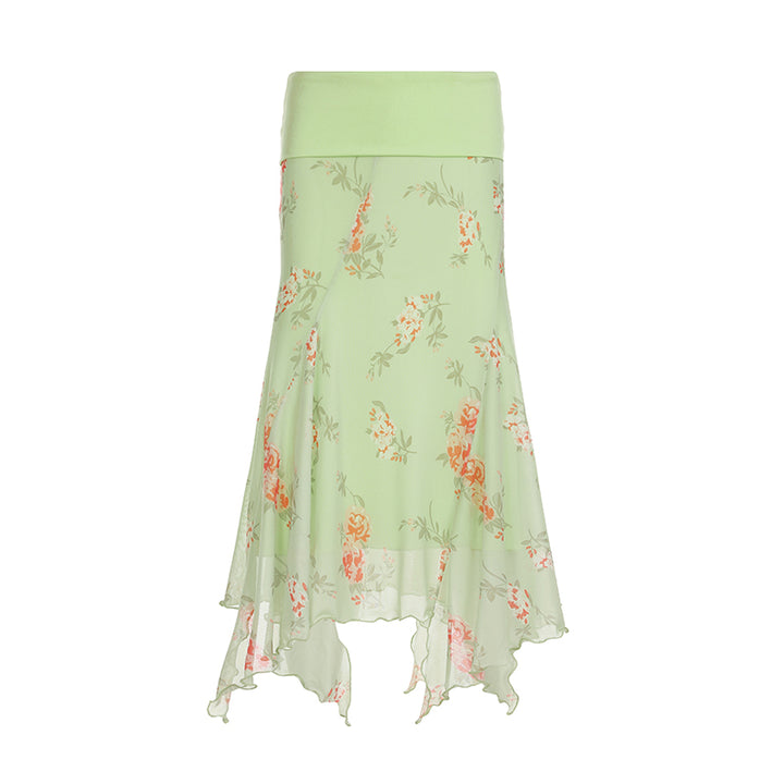 Asymmetrical Mesh Floral Midi Skirt in Green - Vedlit