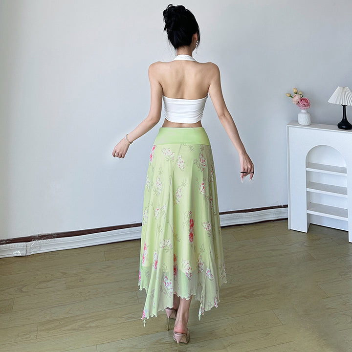 Asymmetrical Mesh Floral Midi Skirt in Green - Vedlit