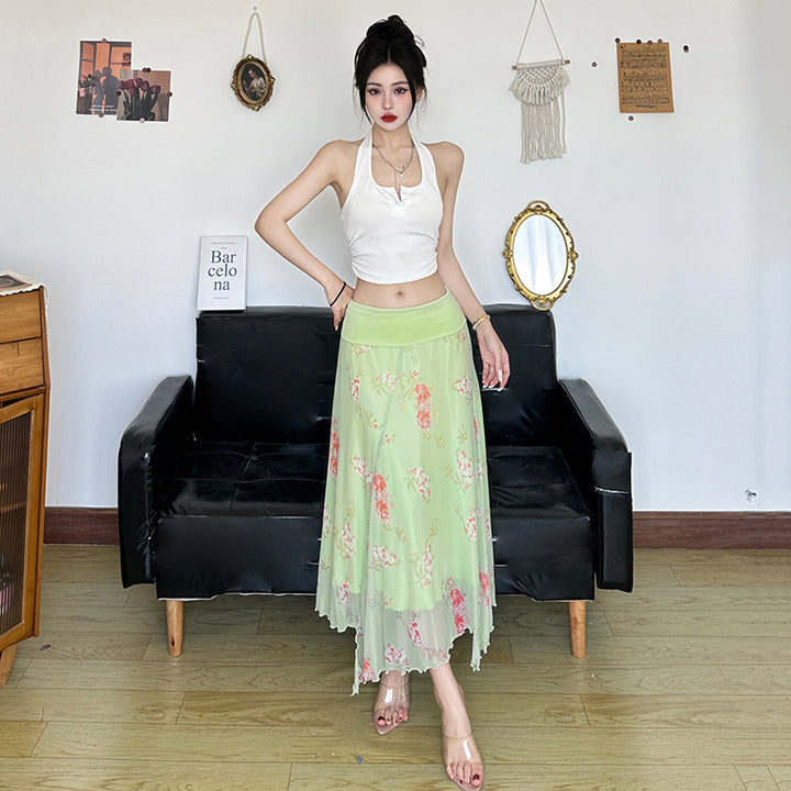 Asymmetrical Mesh Floral Midi Skirt in Green - Vedlit