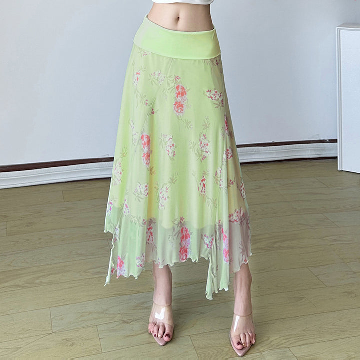 Asymmetrical Mesh Floral Midi Skirt in Green - Vedlit