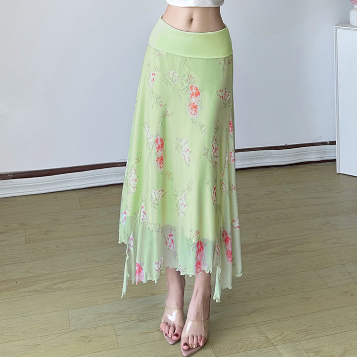 Asymmetrical Mesh Floral Midi Skirt in Green - Vedlit