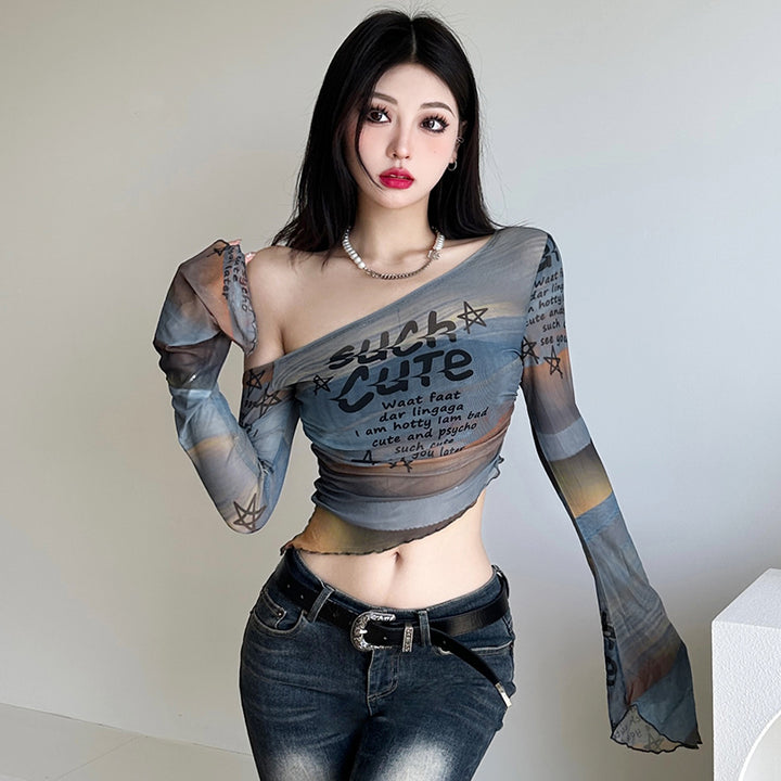 Asymmetrical Mesh Off-Shoulder Graphic Top - Vedlit