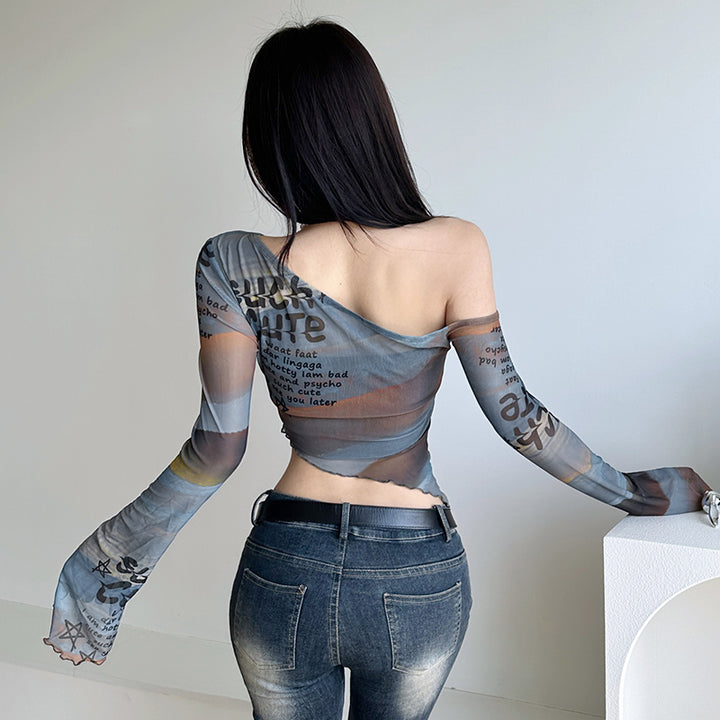 Asymmetrical Mesh Off-Shoulder Graphic Top - Vedlit