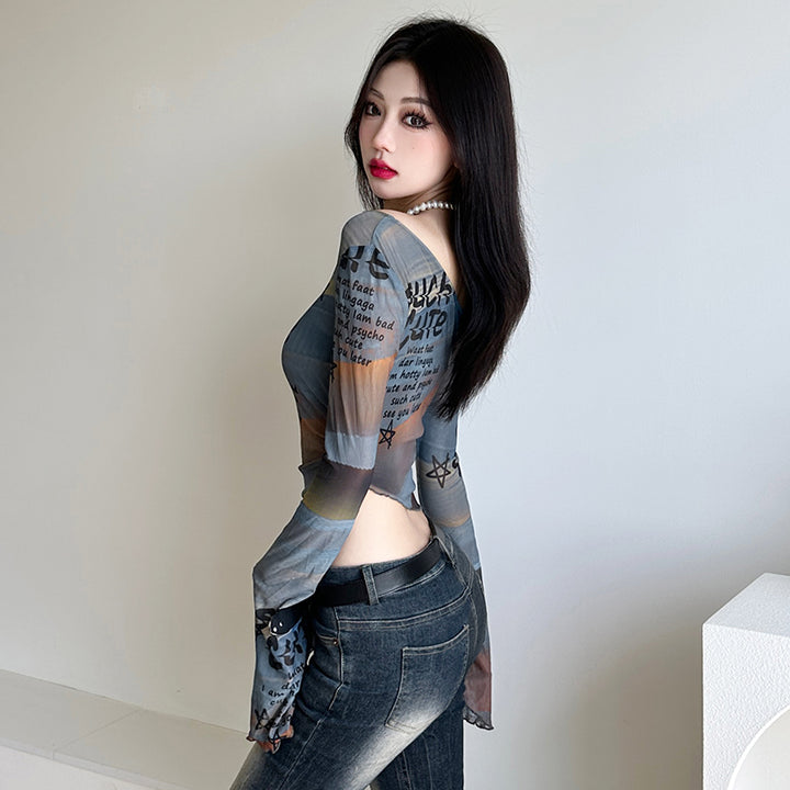 Asymmetrical Mesh Off-Shoulder Graphic Top - Vedlit