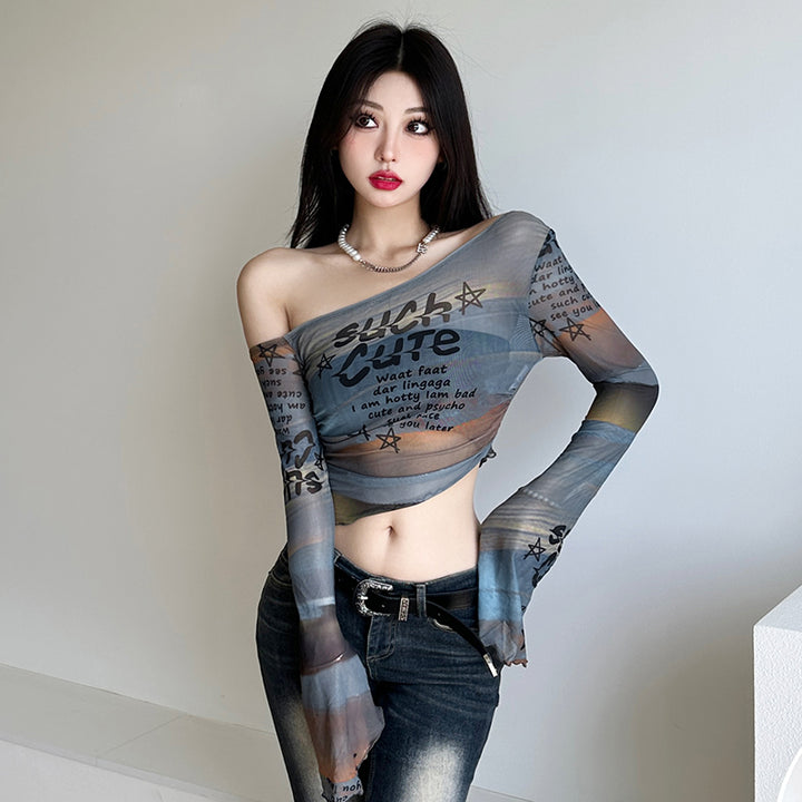Asymmetrical Mesh Off-Shoulder Graphic Top - Vedlit