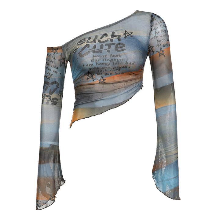 Asymmetrical Mesh Off-Shoulder Graphic Top - Vedlit