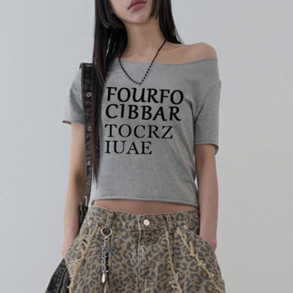 Asymmetrical Off Shoulder Graphic Crop Top in Gray - Vedlit