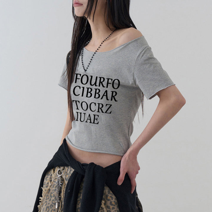 Asymmetrical Off Shoulder Graphic Crop Top in Gray - Vedlit
