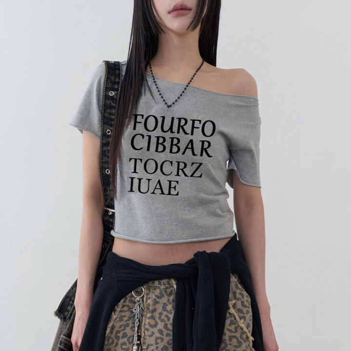 Asymmetrical Off Shoulder Graphic Crop Top in Gray - Vedlit