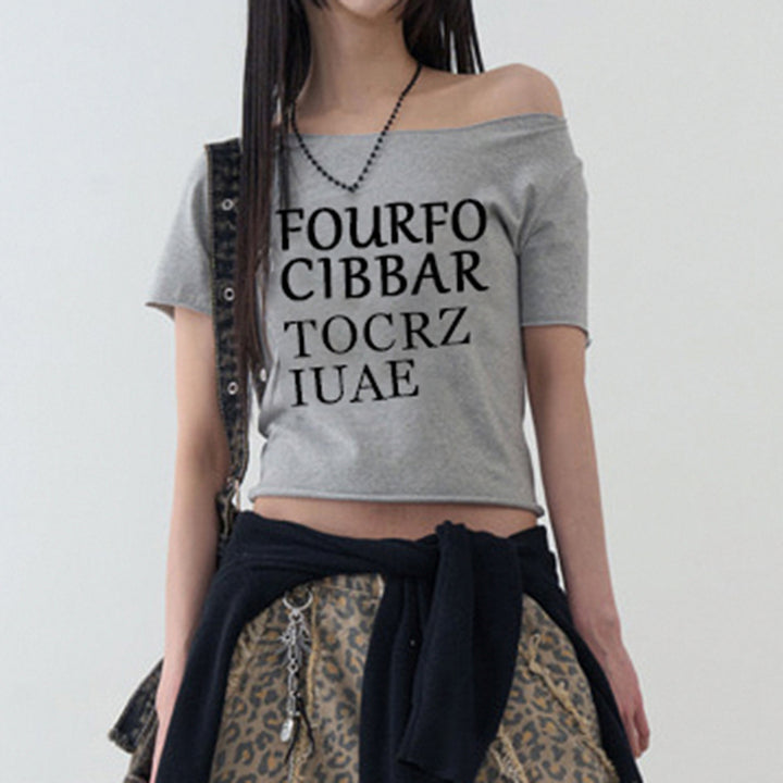 Asymmetrical Off Shoulder Graphic Crop Top in Gray - Vedlit