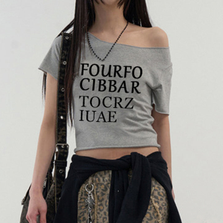 Asymmetrical Off Shoulder Graphic Crop Top in Gray - Vedlit