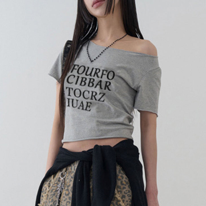 Asymmetrical Off Shoulder Graphic Crop Top in Gray - Vedlit