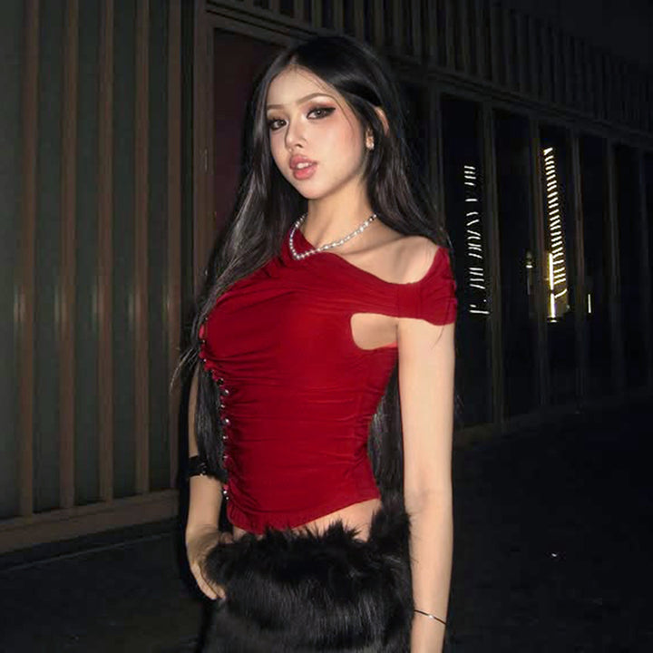Asymmetrical Off Shoulder Ruched Button Top – Red - Vedlit